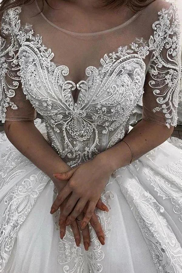 Long Ball Gown Sweetheart Appliques Lace Tulle Wedding Dress with Sleeves - Image 2