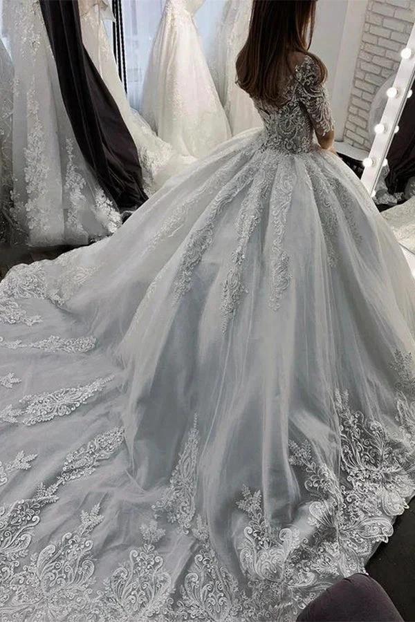 Long Ball Gown Sweetheart Appliques Lace Tulle Wedding Dress with Sleeves - Image 3