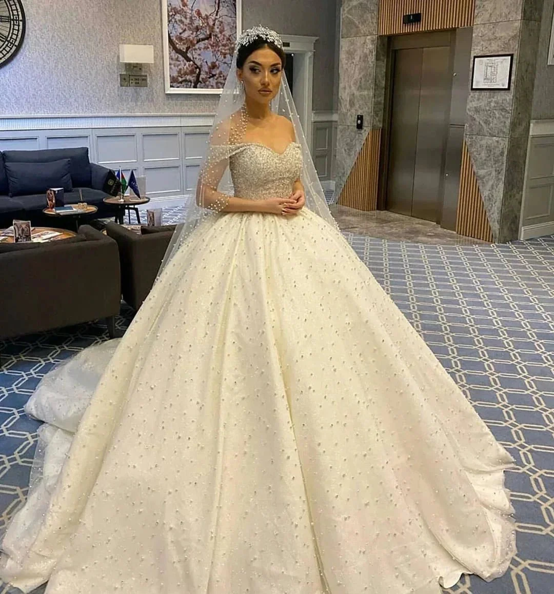 Long Ball Gown Sweetheart Off-the-Shoulder Backless Pearl Beading Ruffles Tulle Wedding Dress - Image 2