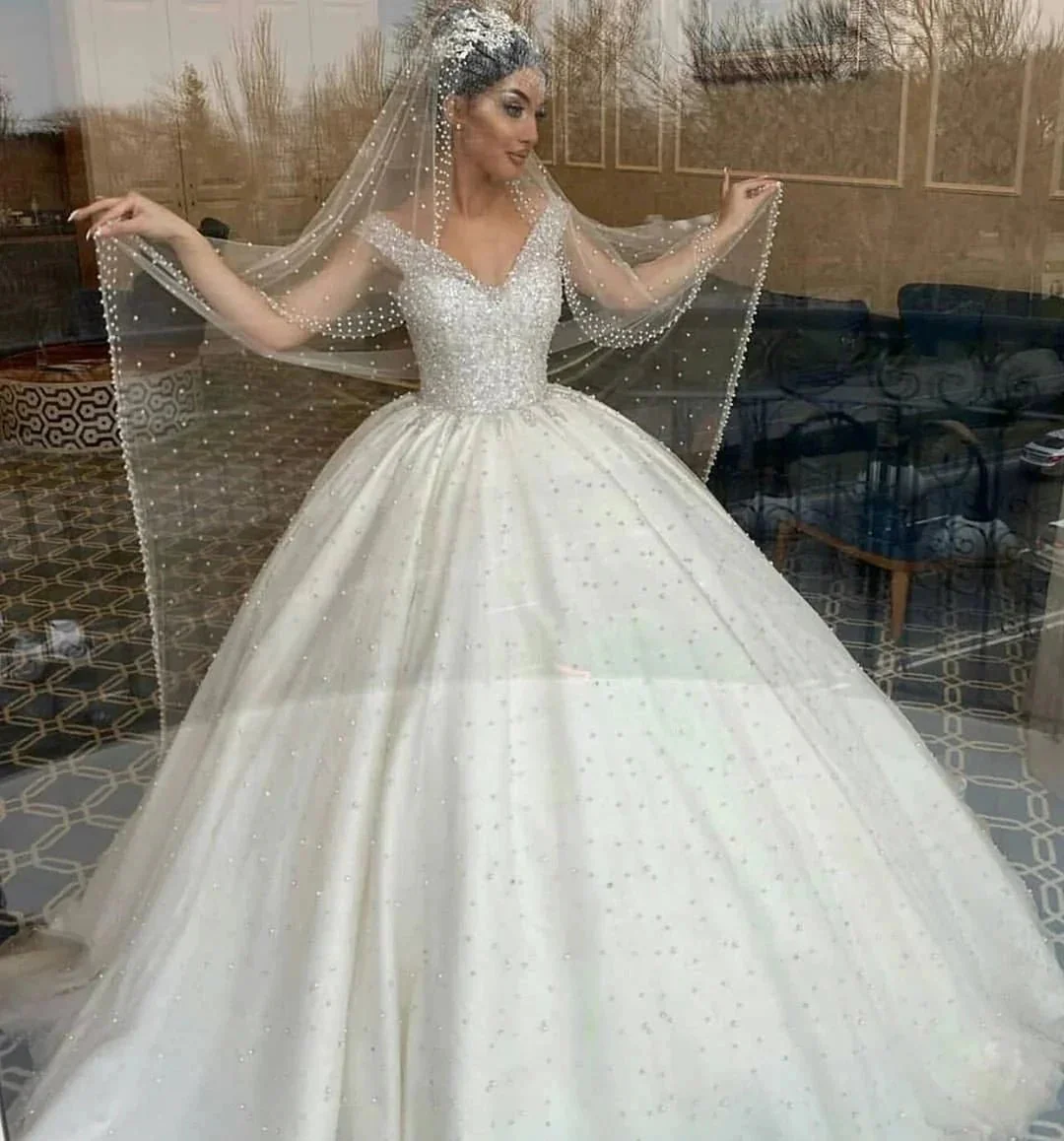 Long Ball Gown Sweetheart Off-the-Shoulder Backless Pearl Beading Ruffles Tulle Wedding Dress - Image 3