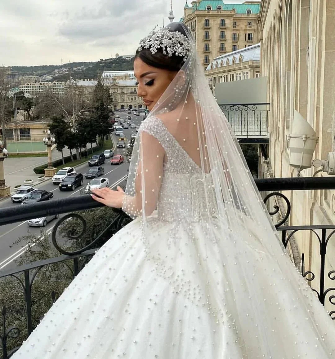 Long Ball Gown Sweetheart Off-the-Shoulder Backless Pearl Beading Ruffles Tulle Wedding Dress - Image 5