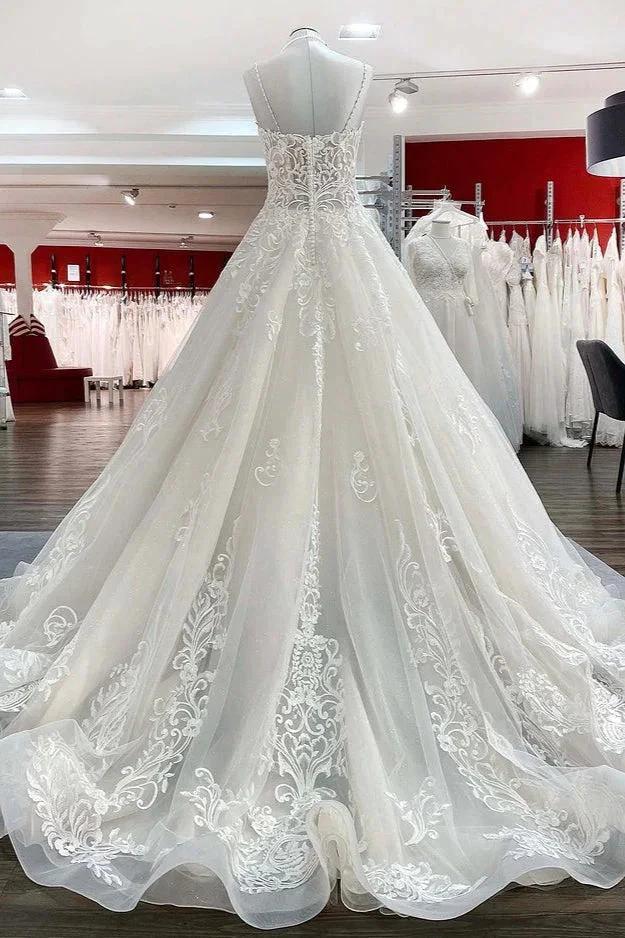Long Ball Gown V-neck Spaghetti Straps Tulle Lace Wedding Dress - Image 2