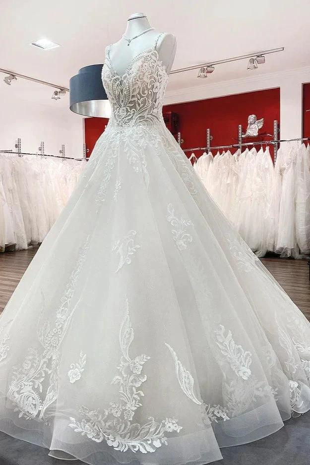 Long Ball Gown V-neck Spaghetti Straps Tulle Lace Wedding Dress - Image 3