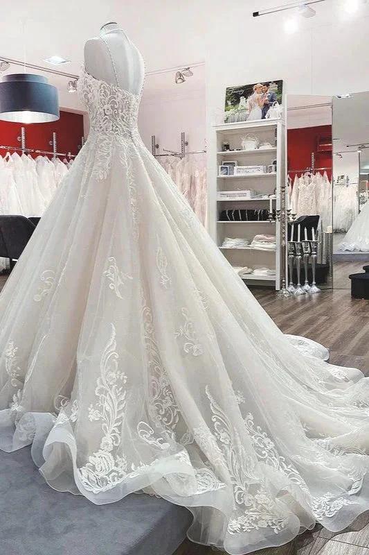 Long Ball Gown V-neck Spaghetti Straps Tulle Lace Wedding Dress - Image 4