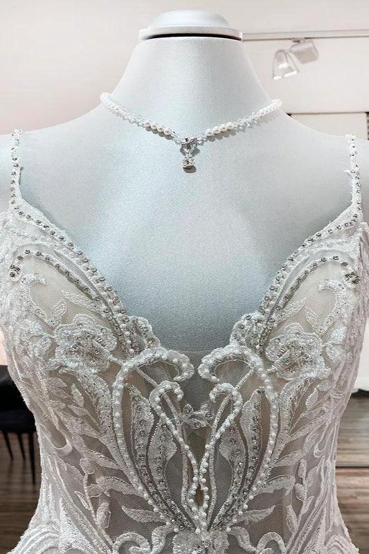 Long Ball Gown V-neck Spaghetti Straps Tulle Lace Wedding Dress - Image 5