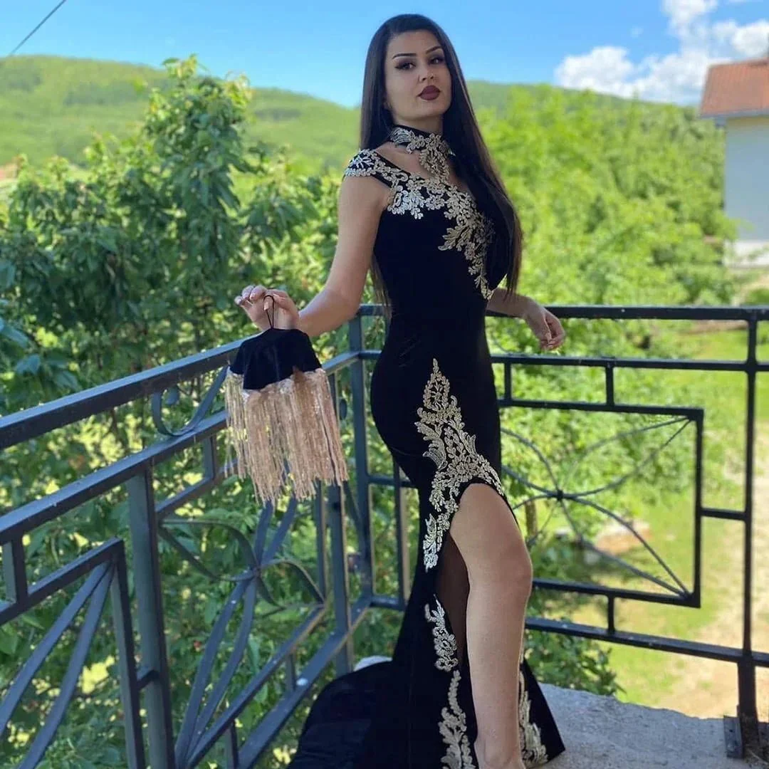 Long Black Mermaid High Neck Appliques Lace Velvet Prom Dress With Slit - Image 2