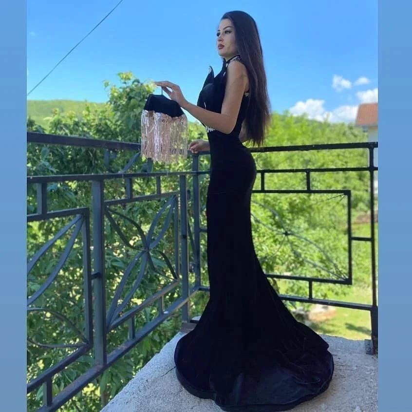Long Black Mermaid High Neck Appliques Lace Velvet Prom Dress With Slit - Image 3