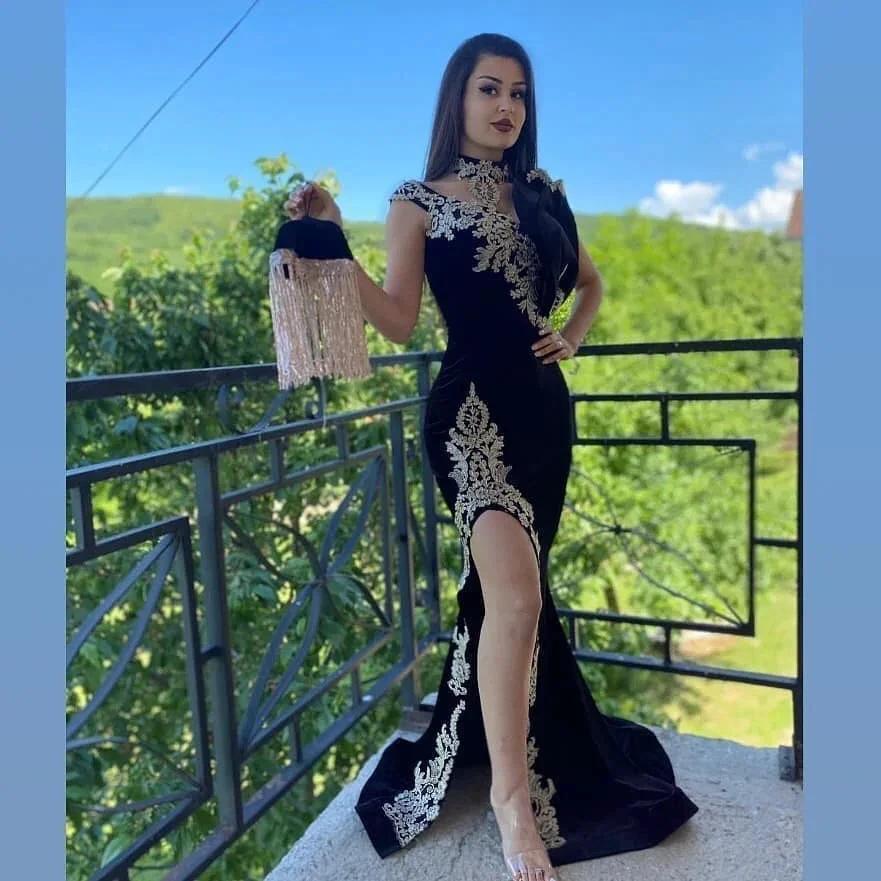 Long Black Mermaid High Neck Appliques Lace Velvet Prom Dress With Slit - Image 4