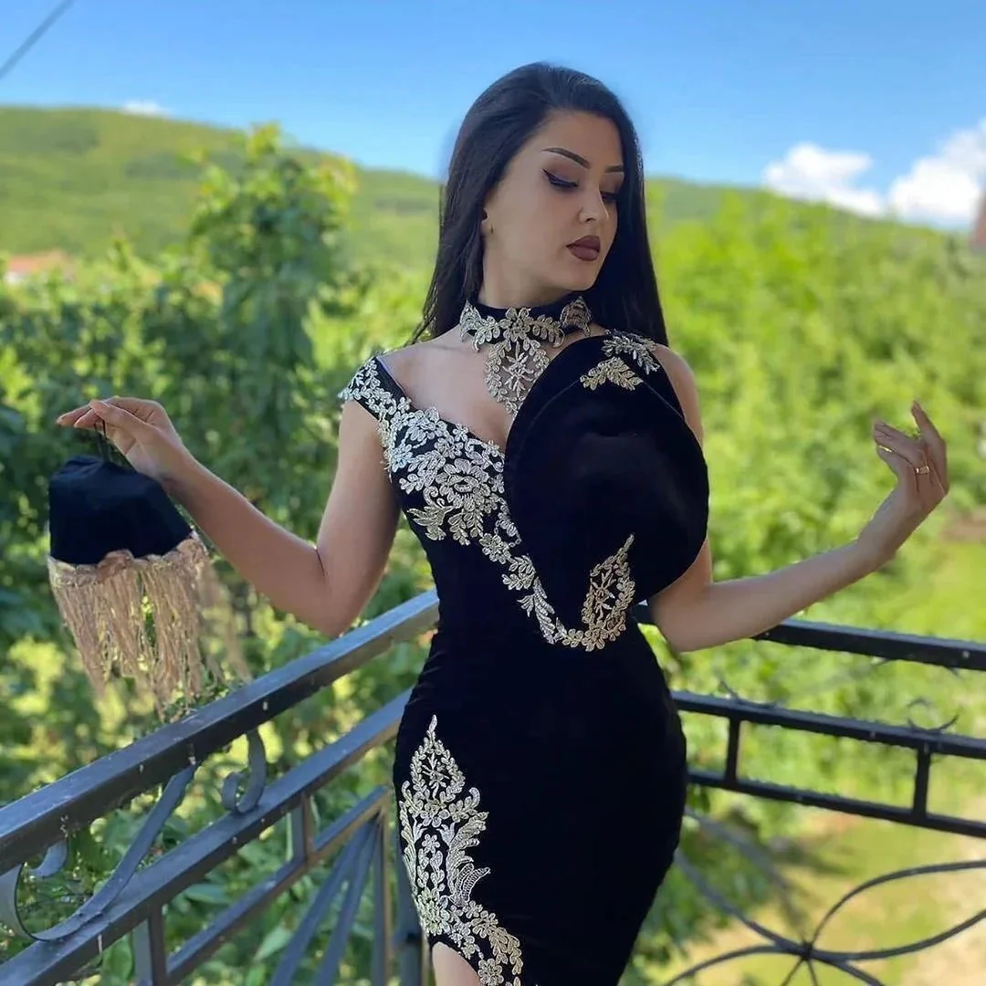 Long Black Mermaid High Neck Appliques Lace Velvet Prom Dress With Slit - Image 5