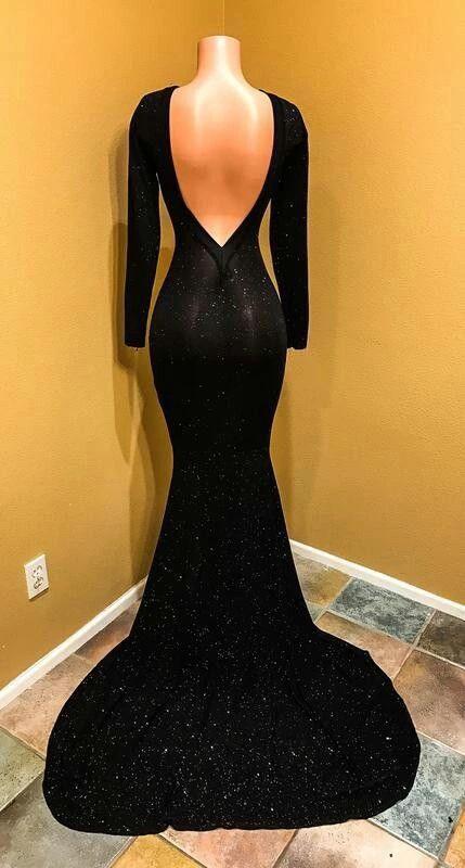 Long black sequin prom dresses long sparkly mermaid open back evening dresses with train Y841 - Image 2