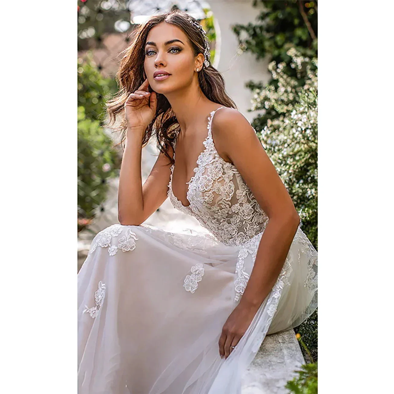 Long Boho A-Line Backless Wedding Dress 3D Flowers Spaghetti Straps Bride Dresses Princess Floor Length Wedding Gowns - Image 3
