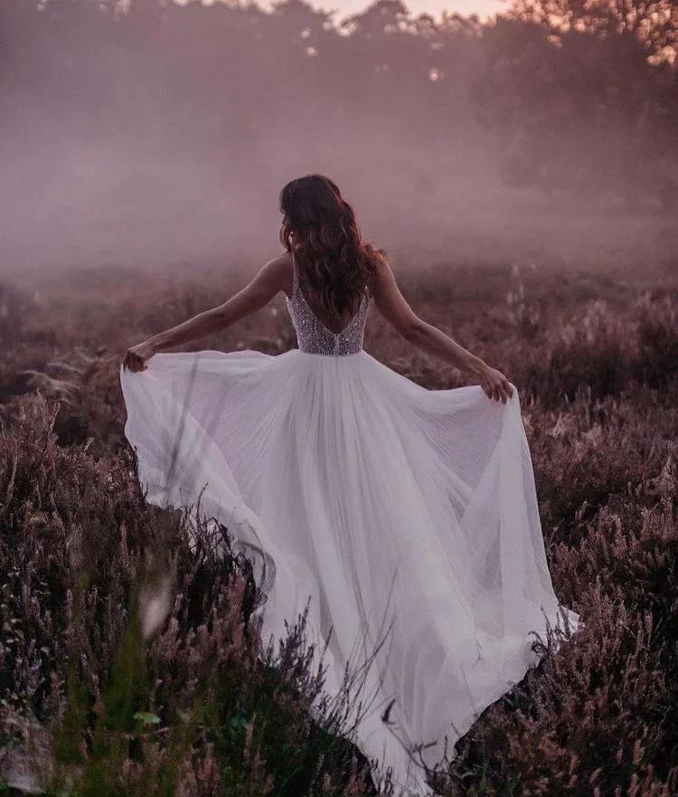 Long Boho A-line V-neck Chiffon Tulle Glitter Open Back Wedding Dress - Image 2