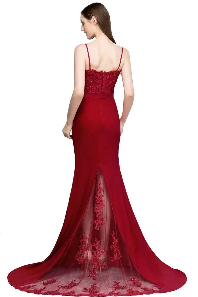 Long Burgundy Mermaid Spaghetti Sweetheart Appliques Prom Dresses with Beads - Image 10