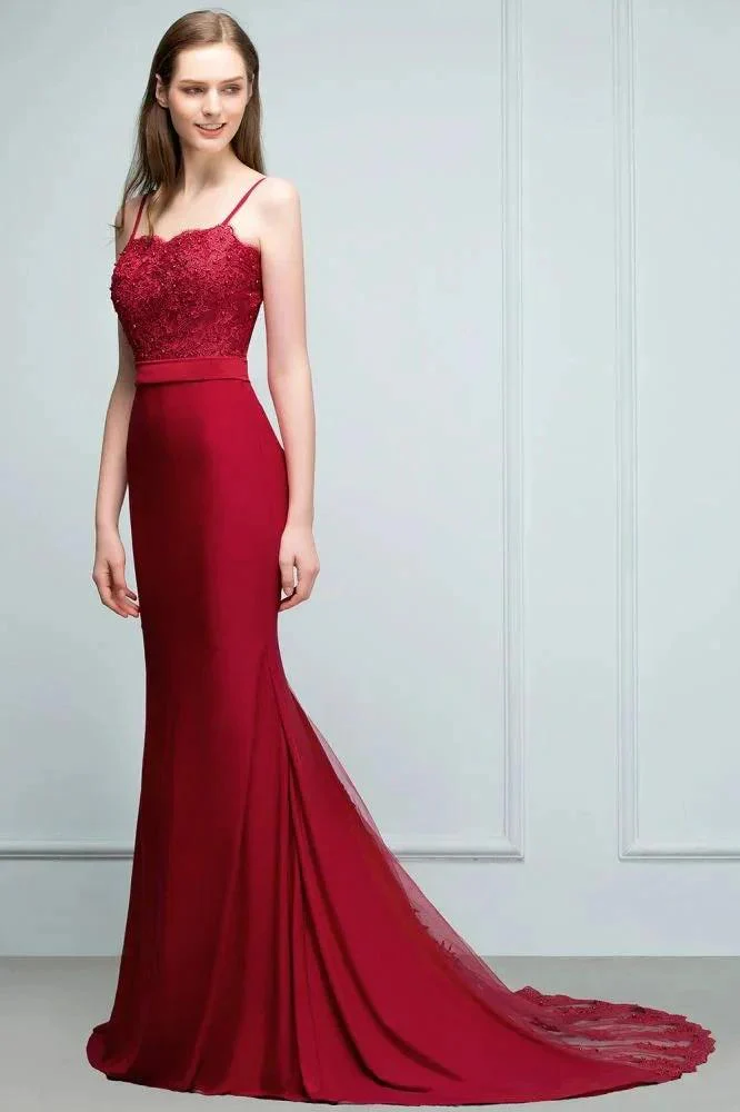 Long Burgundy Mermaid Spaghetti Sweetheart Appliques Prom Dresses with Beads - Image 2
