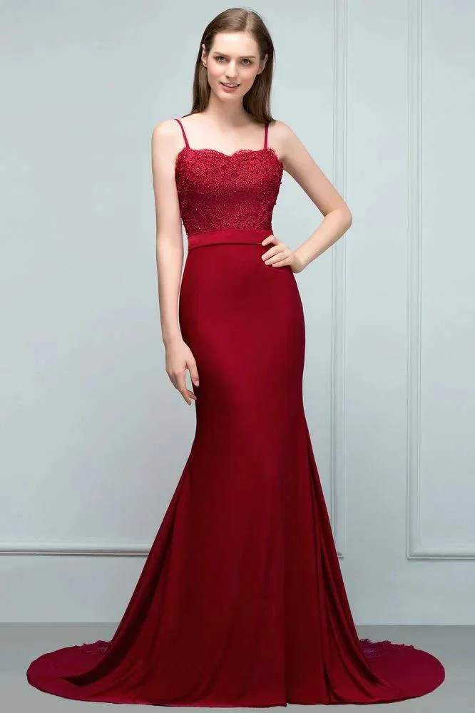 Long Burgundy Mermaid Spaghetti Sweetheart Appliques Prom Dresses with Beads - Image 3