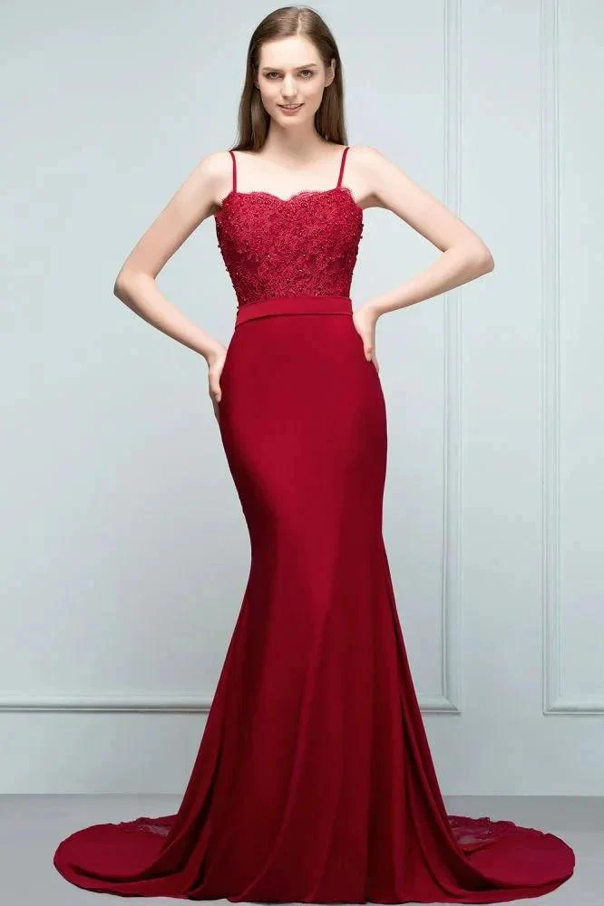 Long Burgundy Mermaid Spaghetti Sweetheart Appliques Prom Dresses with Beads - Image 4