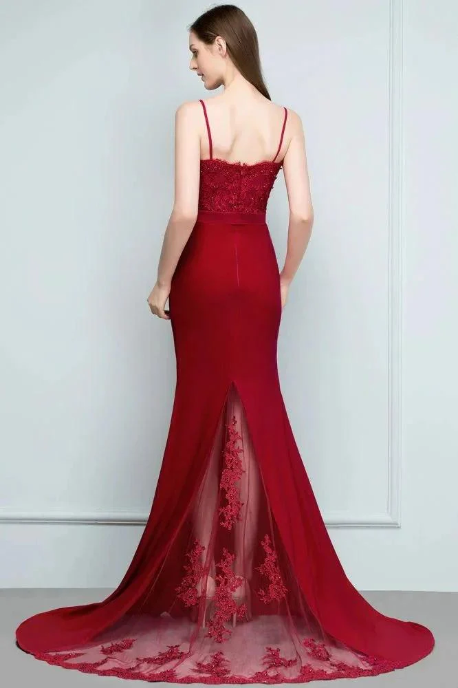 Long Burgundy Mermaid Spaghetti Sweetheart Appliques Prom Dresses with Beads - Image 5