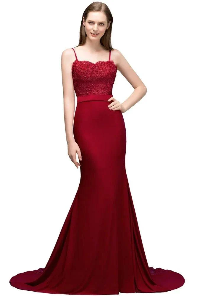 Long Burgundy Mermaid Spaghetti Sweetheart Appliques Prom Dresses with Beads - Image 9