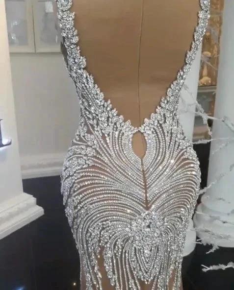 Long Champagne V-Neck Beading Backless Mermaid Wedding Dresses - Image 2