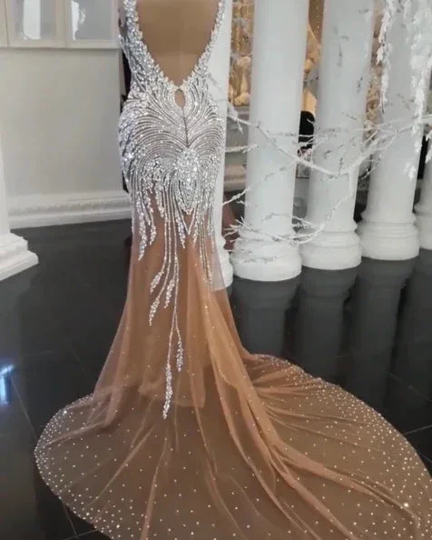 Long Champagne V-Neck Beading Backless Mermaid Wedding Dresses - Image 3