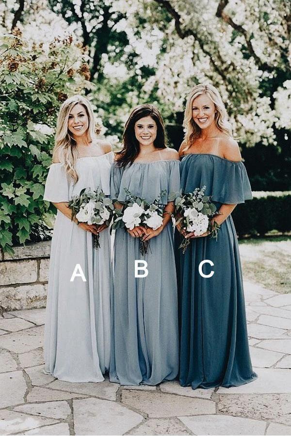 Long Chiffon Off The Shoulder Slate Gray Bridesmaid Dresses  BD077 - Image 2
