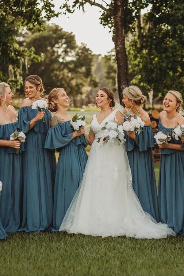 Long Chiffon Off The Shoulder Slate Gray Bridesmaid Dresses  BD077 - Image 6