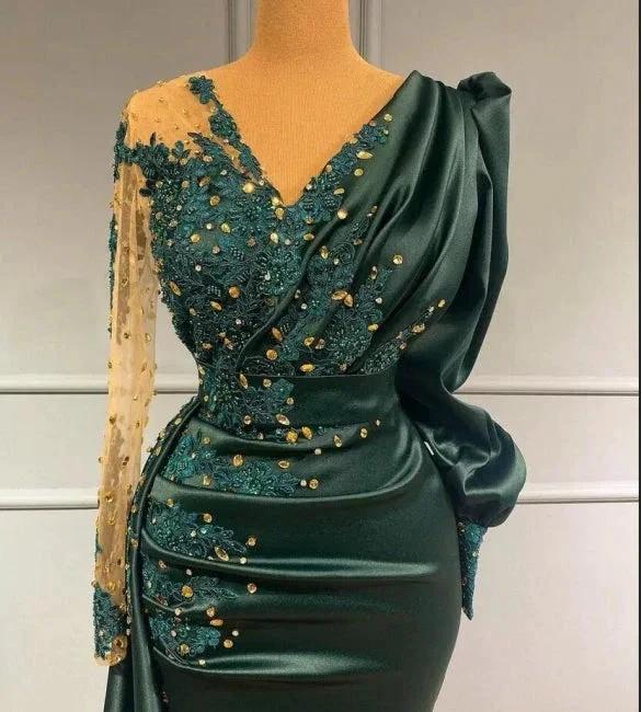 Long Dark Green Elegant Mermaid Prom Dresses with Sleeves - Image 2