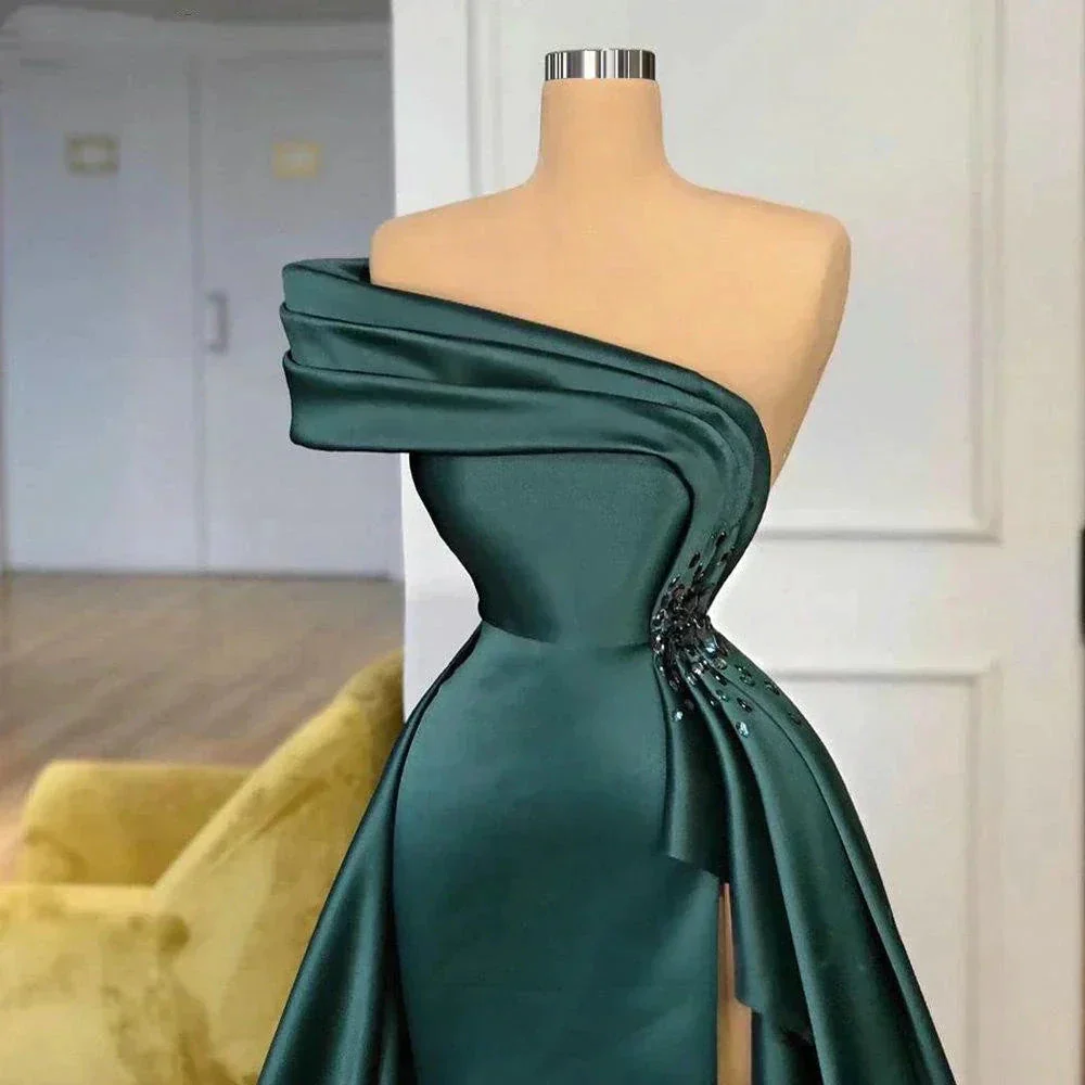 Long Dark Green Satin Prom Dresses Elegant Split Evening Gowns - Image 2