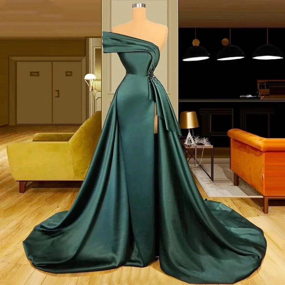 Long Dark Green Satin Prom Dresses Elegant Split Evening Gowns - Image 3