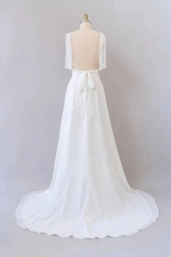 Long Empire A-line V-neck Lace Chiffon Open Back Wedding Dress - Image 2