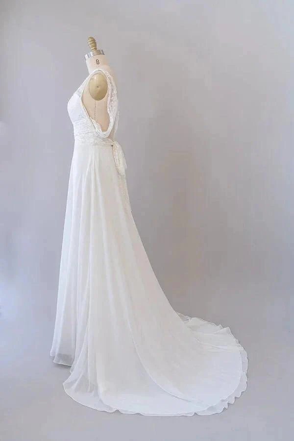 Long Empire A-line V-neck Lace Chiffon Open Back Wedding Dress - Image 3
