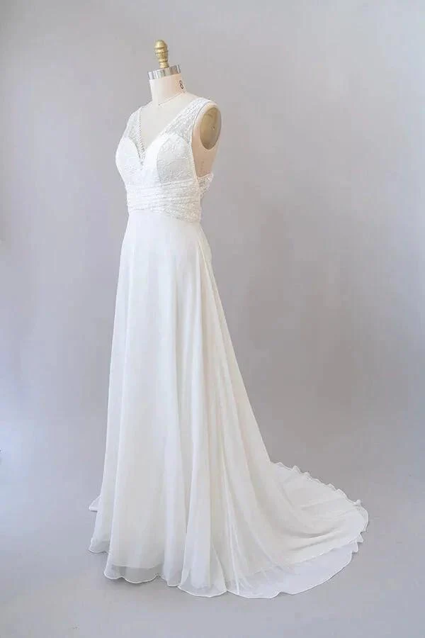 Long Empire A-line V-neck Lace Chiffon Open Back Wedding Dress - Image 4