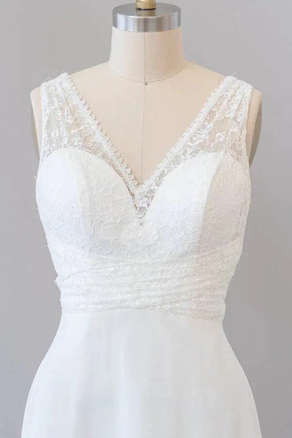 Long Empire A-line V-neck Lace Chiffon Open Back Wedding Dress - Image 5
