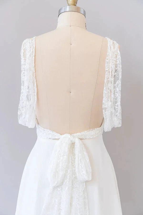 Long Empire A-line V-neck Lace Chiffon Open Back Wedding Dress - Image 6