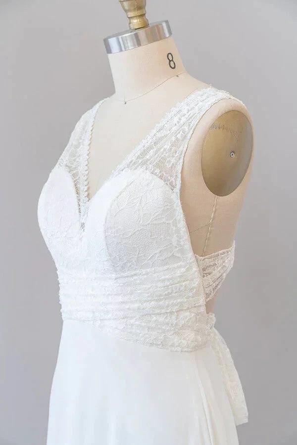 Long Empire A-line V-neck Lace Chiffon Open Back Wedding Dress - Image 7