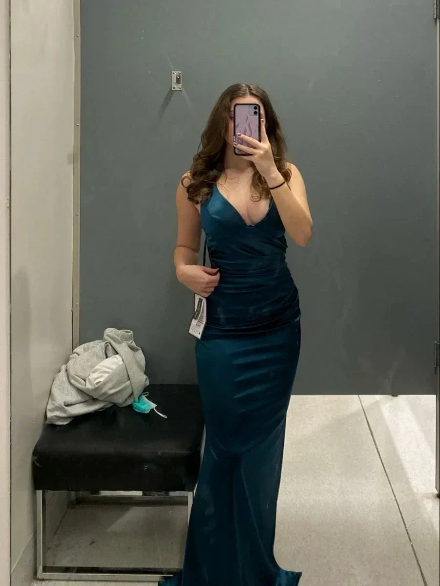 Long Formal Dress Womens Teal Strappy-back Satin Sleeveless Evening Dress Y2928 - Image 2