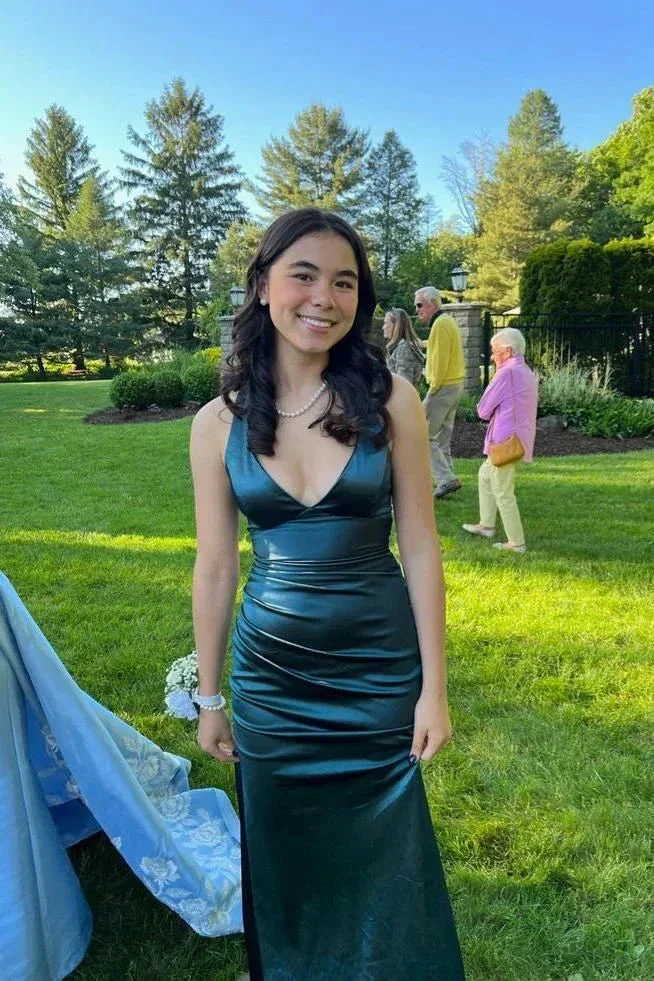 Long Formal Dress Womens Teal Strappy-back Satin Sleeveless Evening Dress Y2928 - Image 9