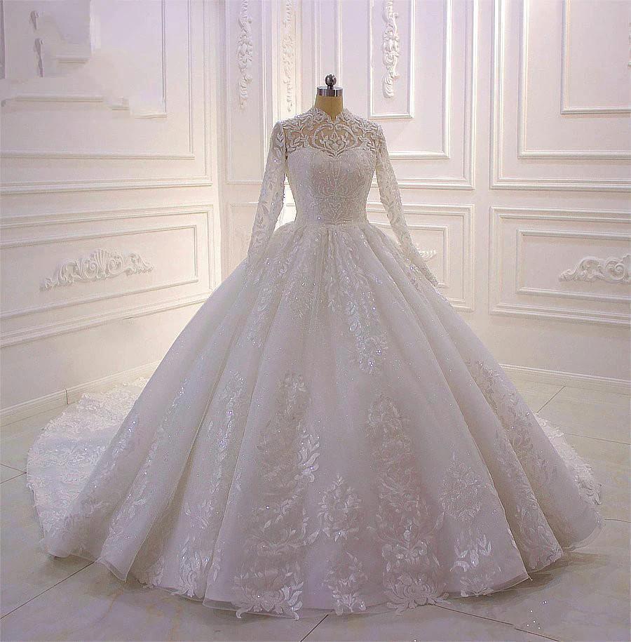 Long High neck Appliques Lace Ball Gown Wedding Dress with Sleeves - Image 2