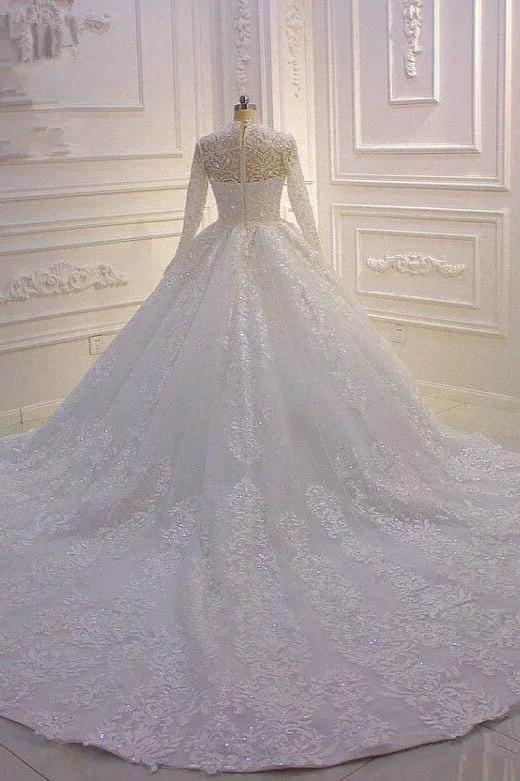 Long High neck Appliques Lace Ball Gown Wedding Dress with Sleeves - Image 3