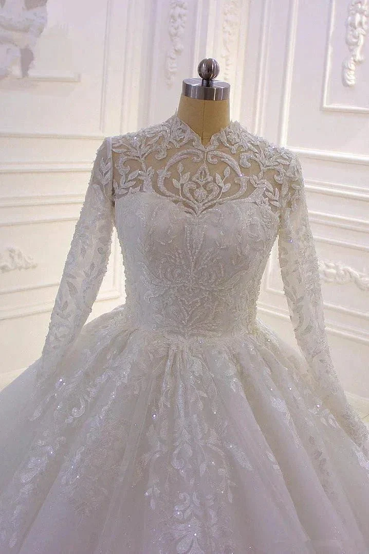 Long High neck Appliques Lace Ball Gown Wedding Dress with Sleeves - Image 4