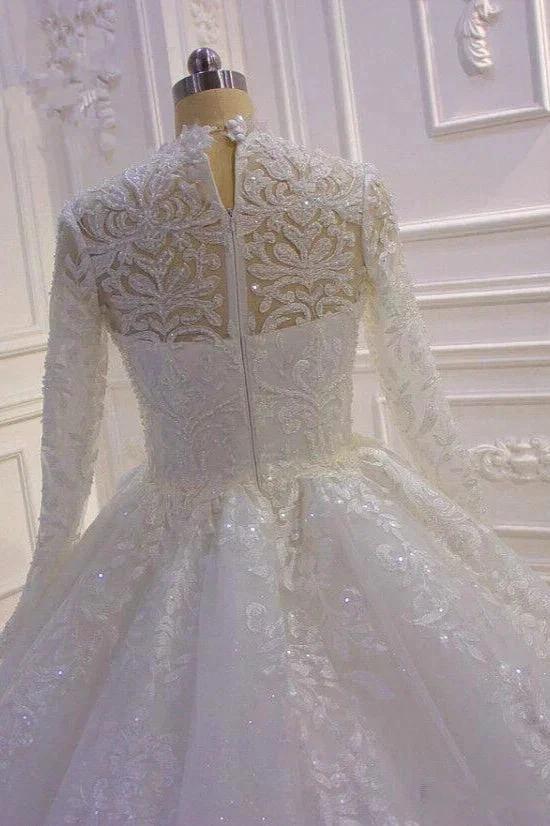 Long High neck Appliques Lace Ball Gown Wedding Dress with Sleeves - Image 5