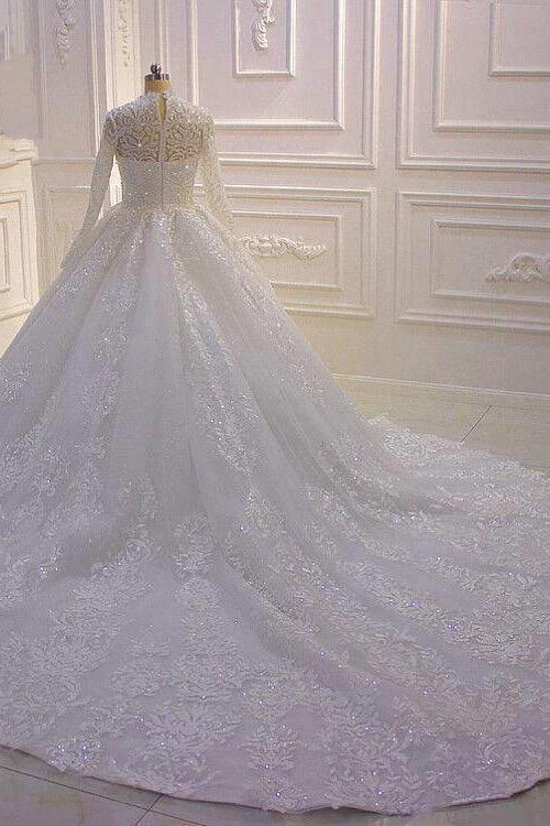 Long High neck Appliques Lace Ball Gown Wedding Dress with Sleeves - Image 6