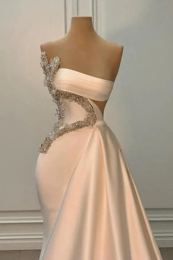 Long Ivory Mermmaid Strapless Beading Satin Sleeveless Prom Dress - Image 2