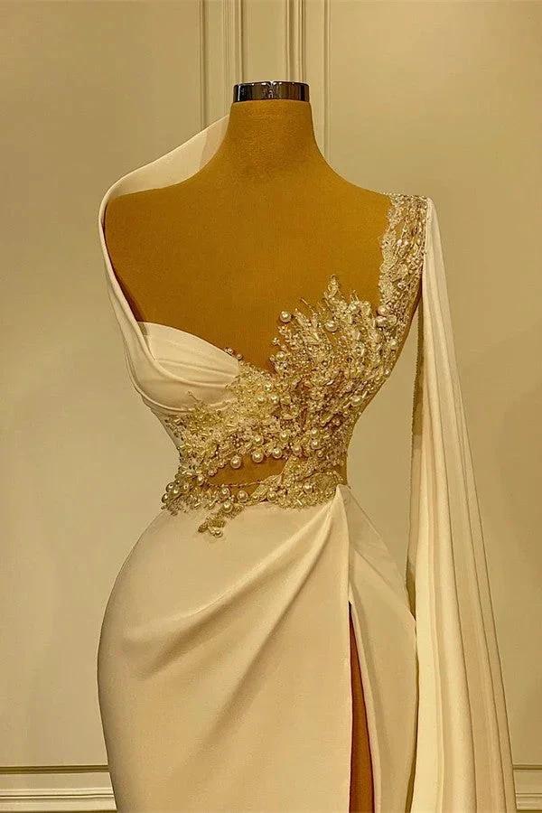 Long Mermaid Asymmetrical Ruffles Beading Satin Prom Dress With High Slit - Image 2