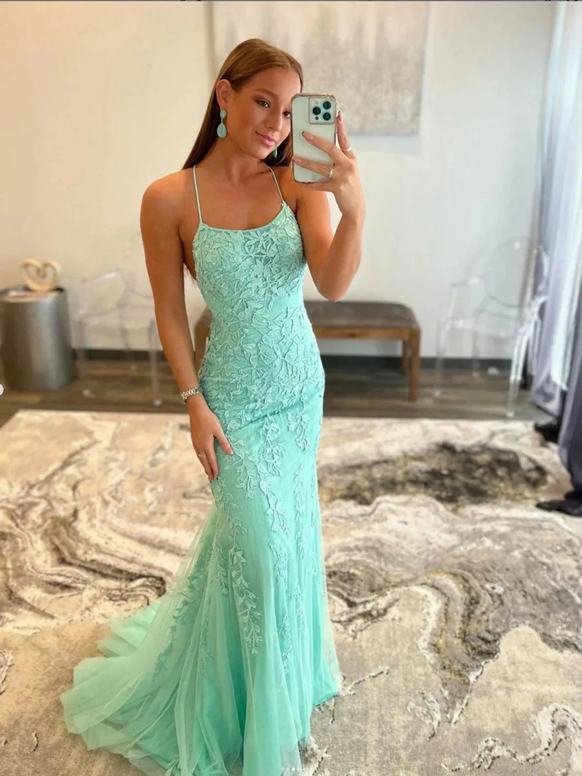 Long Mermaid Backless Lace Prom Dress Mint Green Backless Formal Evening Gowns - Image 3