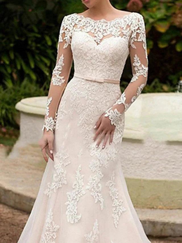 Long Mermaid Bateau Neck Sweep Brush Train Lace Wedding Dresses with Sleeves - Image 2