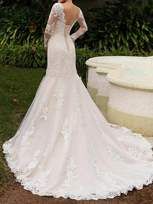 Long Mermaid Bateau Neck Sweep Brush Train Lace Wedding Dresses with Sleeves - Image 3