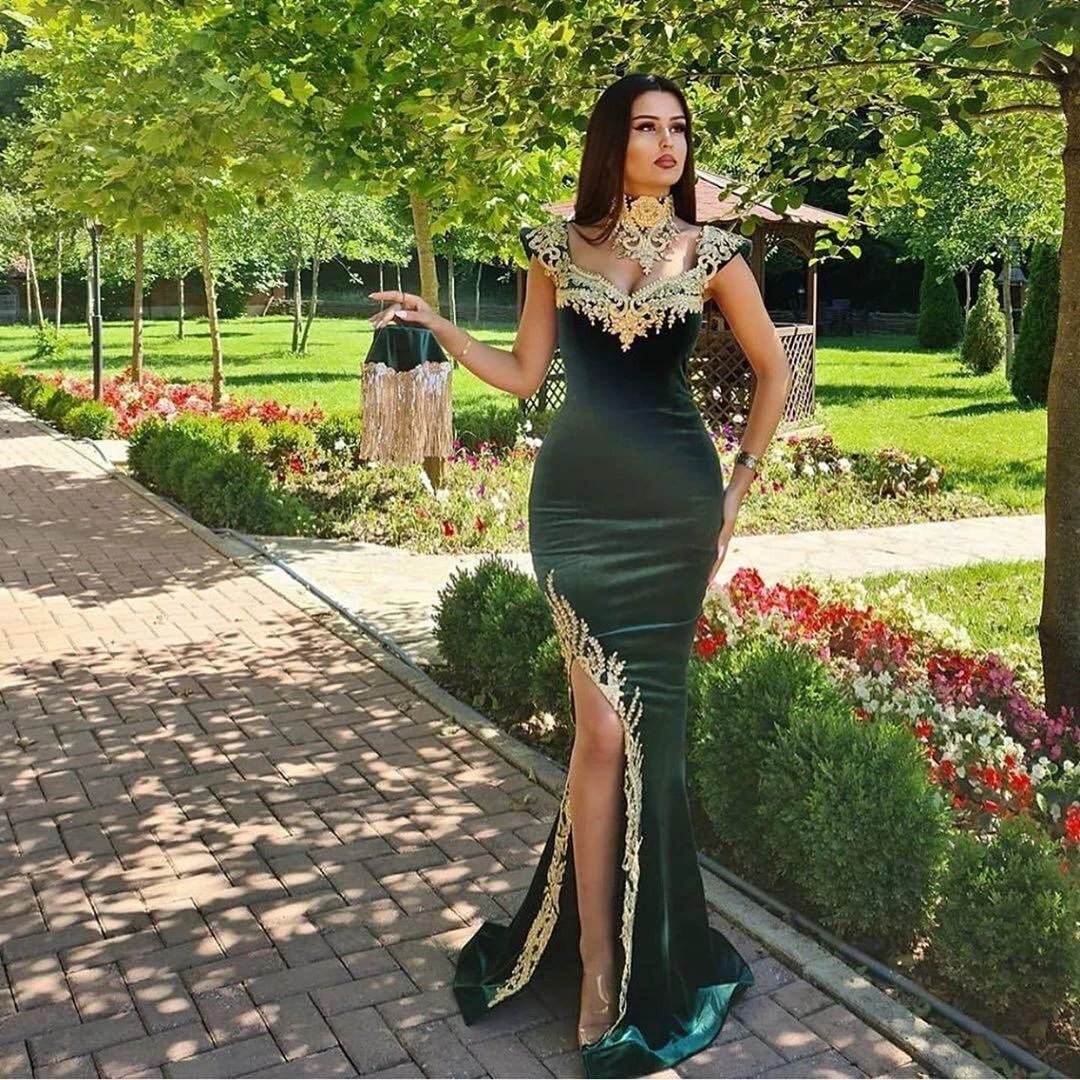 Long Mermaid Dark Green Evening Dresses with Gold Lace appliques - Image 2
