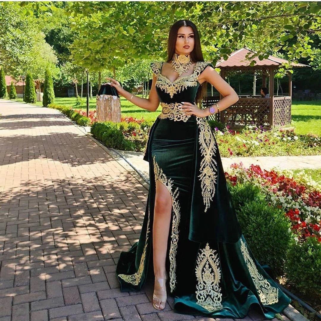 Long Mermaid Dark Green Evening Dresses with Gold Lace appliques - Image 3