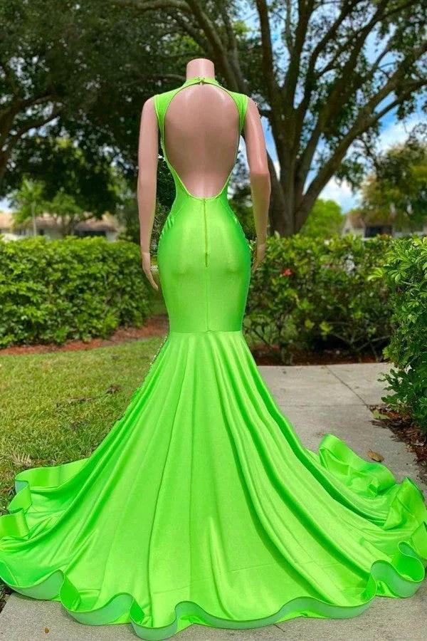 Long Mermaid Deep Sequined V-neck Stretch Satin Backless Prom Dress with Appliques - Image 5